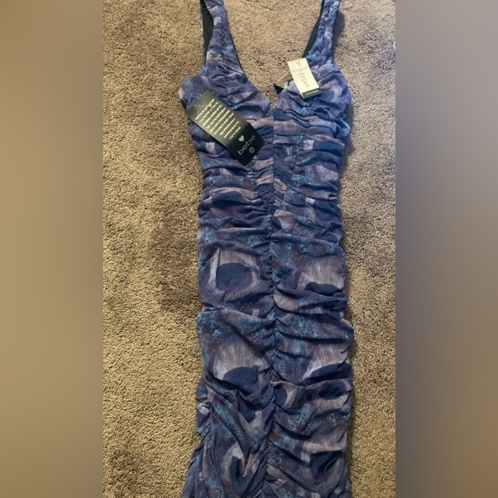 BEBE Printed Plume Mesh Dress Blue Size XS NWT